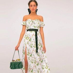 Summer boho off shoulder dress white green sweetheart neckline